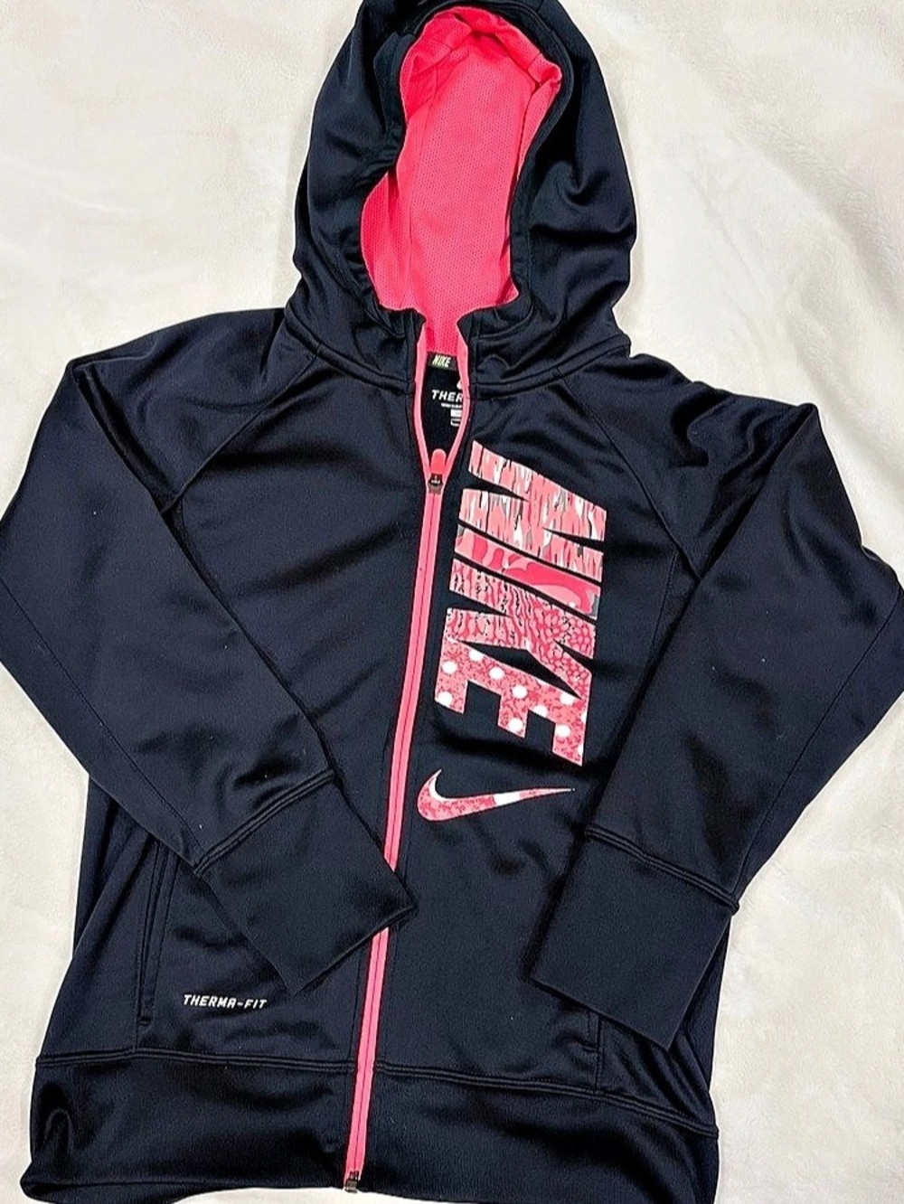 Nike Therma-FIT Full-Zip Graphic Hoodie Giels Large Black & Pink